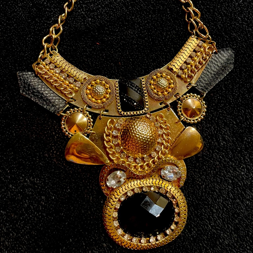 LUCIA large gold statement necklace with 2in black stone Aztec design +crystals